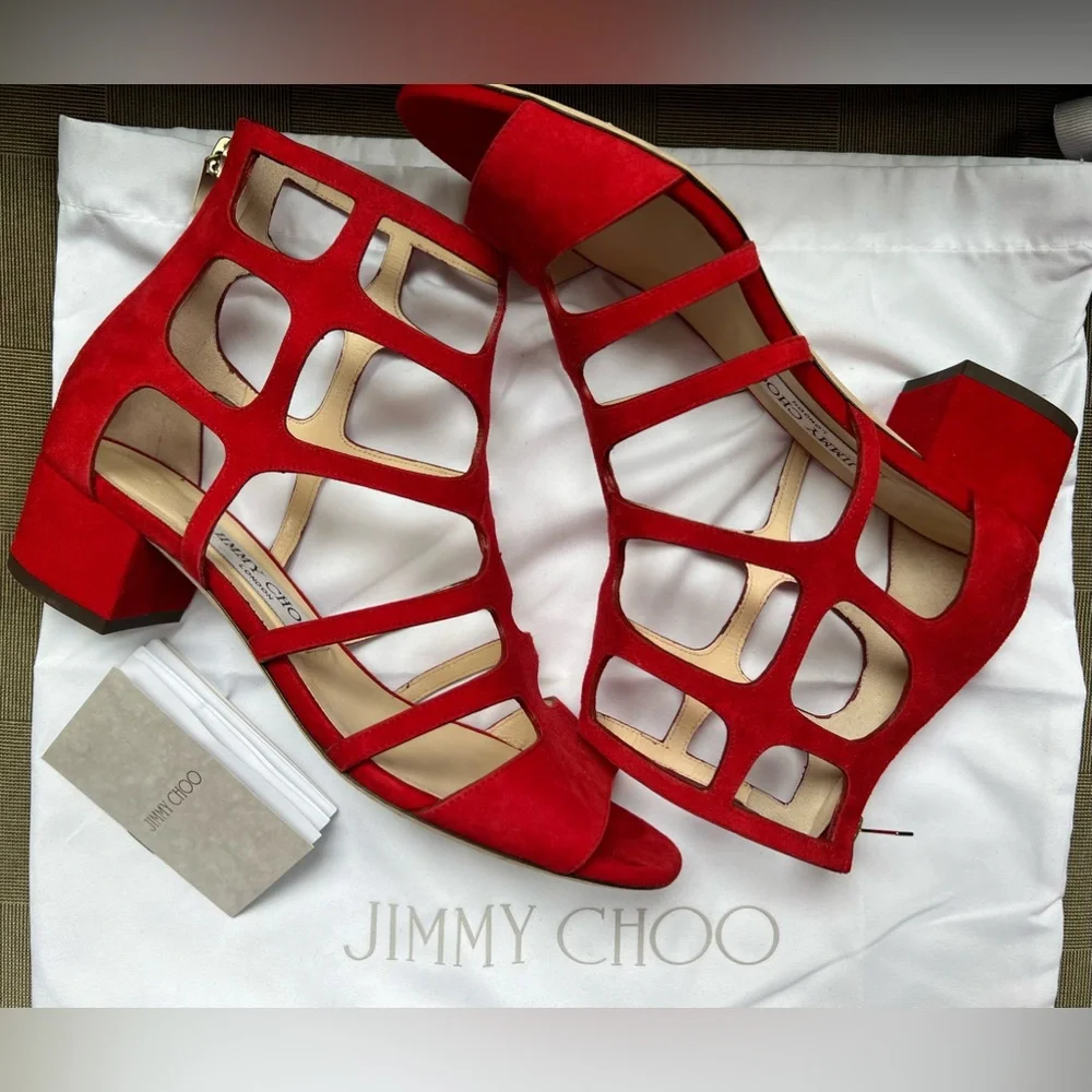 JIMMY CHOO Ren 35MM Red Suede Cage Sandals Zipper Shoes Heels Gladiator37 6.5 7